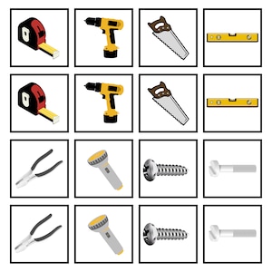 May include: A set of nine tools, including a tape measure, drill, saw, level, pliers, flashlight, screws, and bolts. The tools are arranged in a grid pattern on a white background.