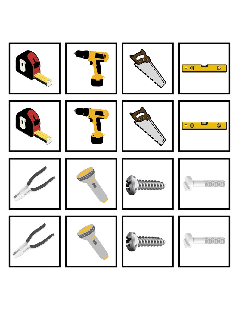 May include: A set of nine tools, including a tape measure, drill, saw, level, pliers, flashlight, screws, and bolts. The tools are arranged in a grid pattern on a white background.