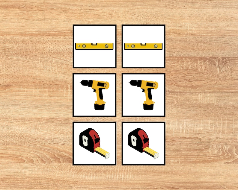 May include: A set of three tools: a yellow level, a yellow and black drill, and a red and black tape measure. The tools are arranged in a grid pattern on a wood background.