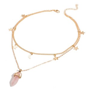 Mond und Sterne Rosenquarz Halskette, Mehrreihige Halskette, Geburtsstein Halskette, Rosenquarz Halskette, Choker Halskette, Acotar Schmuck