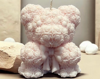 Pink Teddy Bear Candle – Handmade Scented Candle in Vegetable Wax, Birth Gift, Baptism or Romantic Decoration