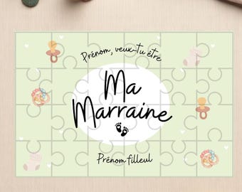 Personalized puzzle “Will you be my godmother?” – With first names – 24 pieces – Postcard format – Free cotton pouch – Easel option
