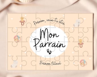 Personalized puzzle “Will you be my godfather?” – With first names – 24 pieces – Postcard format – Free pouch – Easel option