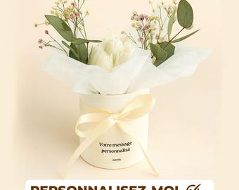 Personalized bouquet candle – White pot, dried flowers, fragrance of your choice – Gift for godmother, birth, baptism – Handmade in France