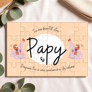 Puzzle annonce grossesse “Tu vas être Papy” – Idée originale 24 pièces – Format carte postale – Pochon coton inclus – Option chevalet