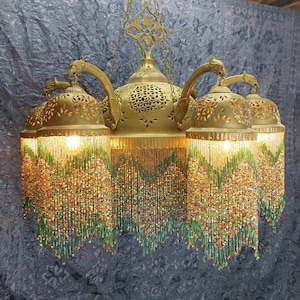 Moorish Style  6 light Brass and Green Glass Bead Chandelier