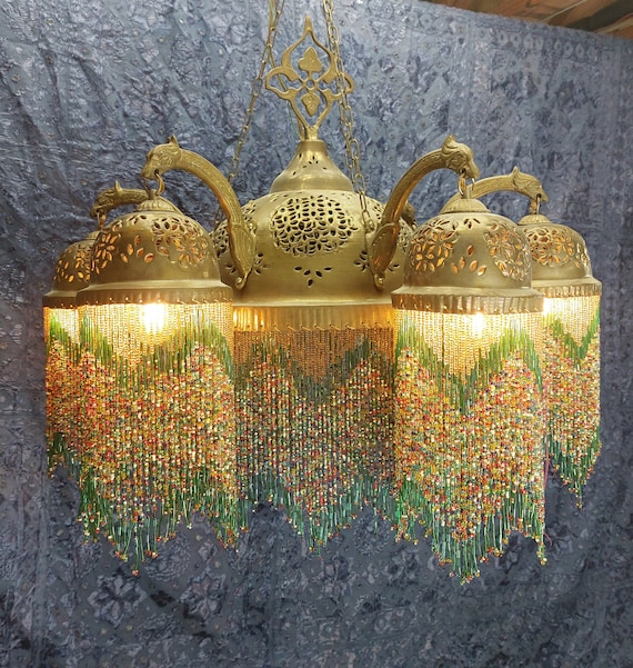Moorish Style 6 light Brass and Green Glass Bead Chandelier