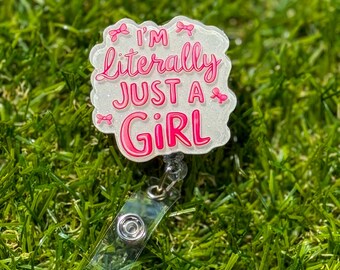 Portatarjetas con lazo rosa y purpurina – Portatarjetas de identificación de enfermera "Literalmente solo soy una chica"