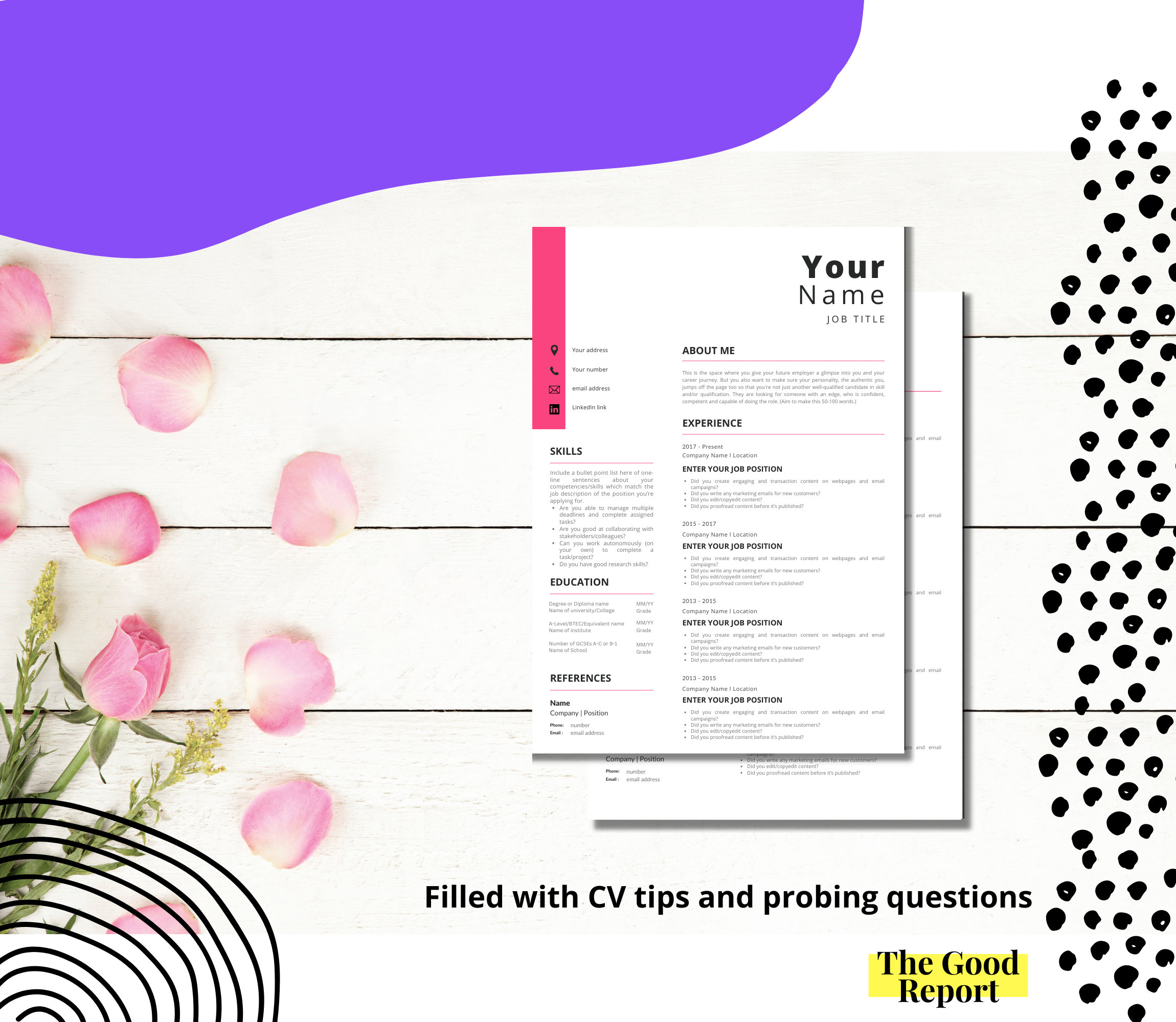 Plantilla de CV de dos páginas rosa, plantilla de CV minimalista, CV ...