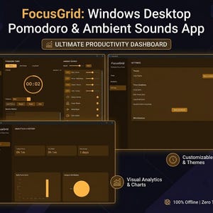 May include: FocusGrid Windows desktop software interface featuring a Pomodoro timer, ambient sound controls, settings menu, and productivity analytics dashboard. The dark-themed application displays session history, charts, and customizable timer durations.