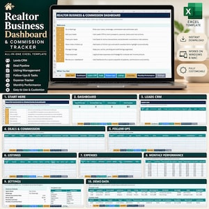 Puede incluir: Una plantilla digital de Excel para el panel de control de negocios y comisiones de agentes inmobiliarios en una pantalla de portátil, con diez pestañas que incluyen CRM de clientes, gestión de listados y seguimiento de gastos.