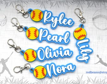 Etiqueta personalizada para bolsa de softbol para niñas - Equipo de softbol - Llavero de softbol para niñas - Etiqueta de nombre de softbol personalizada