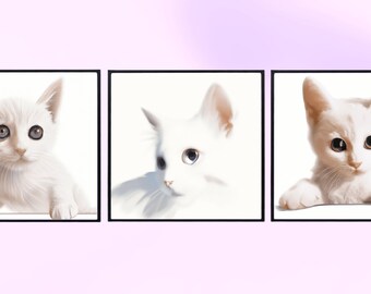 White Cute Baby Cat Art Prints - Set of 3 - Nursery Wall Decor - Digital Print Download - Nursery Wall Art, Baby Cat, Animal Printings