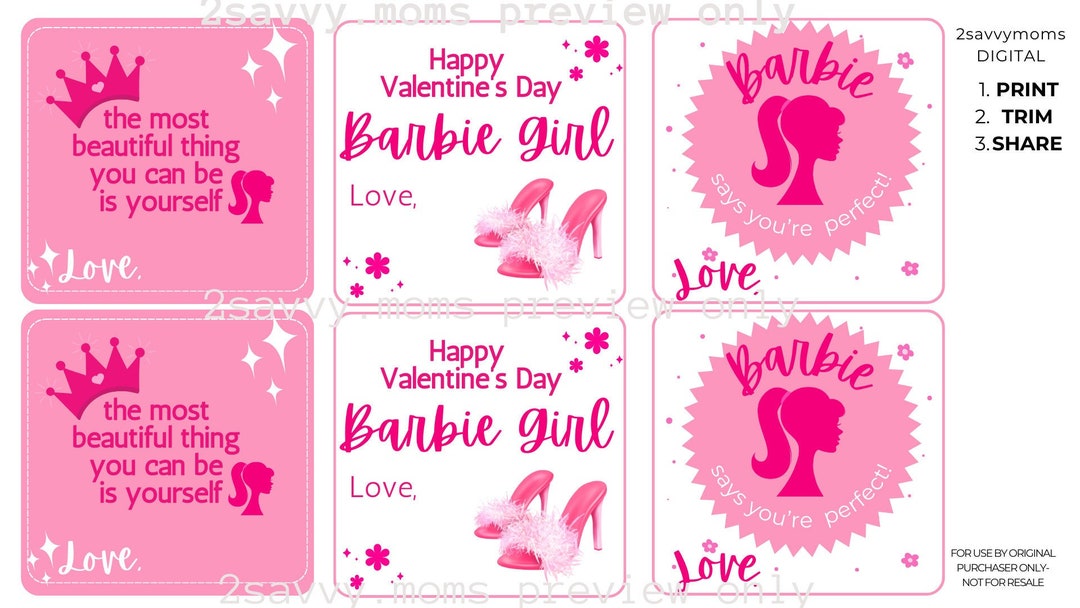 Barbie Girl Valentine Cards Printable Instant Download - Etsy