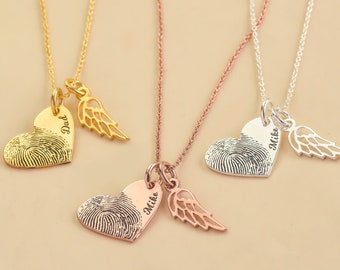 Personalized Fingerprint Heart Necklace With Name, Remembrance Angel Wings Necklace, Memorial Thumbprint Necklace, Keepsake Jewelry For Her