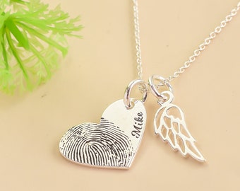 Custom Fingerprint Heart Necklace: Sterling Silver Memorial Wings
