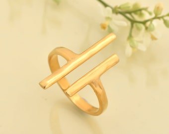 14k Gold Double Bar Ring, Silver Parallel Bar Ring, Parallel Split Bar Ring, Vertical Open Bar Ring, Couple Gift, Bridesmaid Gift For Her