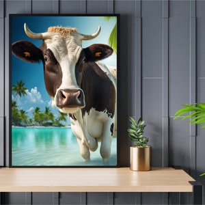 Vaca – Palmeras, Arte de playa, Decoración de playa, Descarga digital (JPEG), Arte animal, Animales de playa, Arte de granja, Impresiones de granja rústica, Tropical