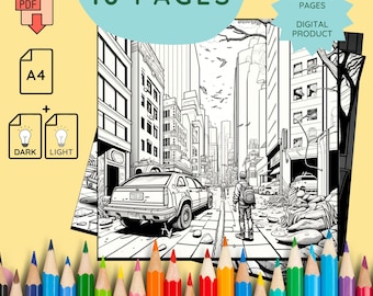 Adult coloring pages of a post apocalyptic world city vegetation digital imprimable DIY