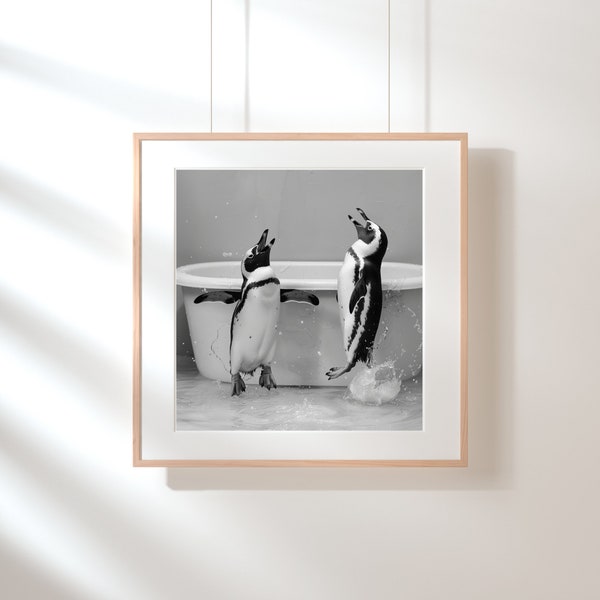 Poster of two penguins animal poster in the bathroom gift art bathroom wall decor poster black and white bathroom print digital download