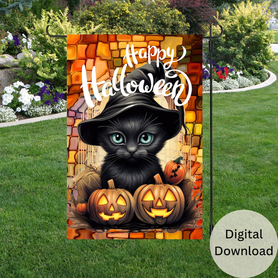 Black Cat Happy Halloween Garden Flag Sublimation Designdigital