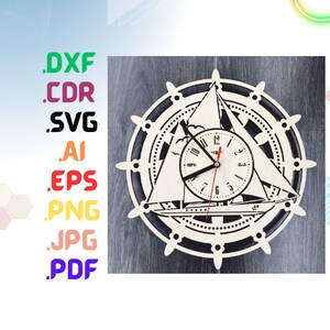 Segelfartygsväggklocka laserskuren dxf-fil väggklistermärke pdf silhuettmall cnc-skärningsrouter digital vektor direktnedladdning
