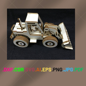 May include: A wooden bulldozer model with a light brown and white color scheme. The model features a detailed design, including wheels, a blade, and a cab. The word "BULLDOZER" is printed on the side. This is a DIY construction kit.