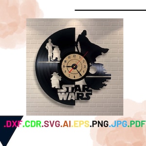 May include: A black vinyl record clock featuring characters from Star Wars. The clock face is a circular clock with Roman numerals and a black clock hand. The clock is surrounded by silhouettes of characters from Star Wars, including Darth Vader, Yoda, and R2-D2. The text "Star Wars" is printed below the clock face.