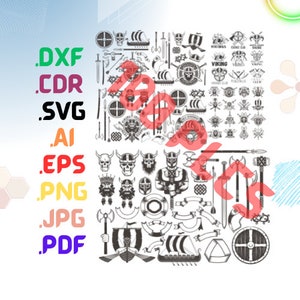 May include: A black and white vector illustration set of Viking themed graphics. The set includes shields, swords, axes, helmets, boats, and banners. The graphics are perfect for use in digital projects or for printing.