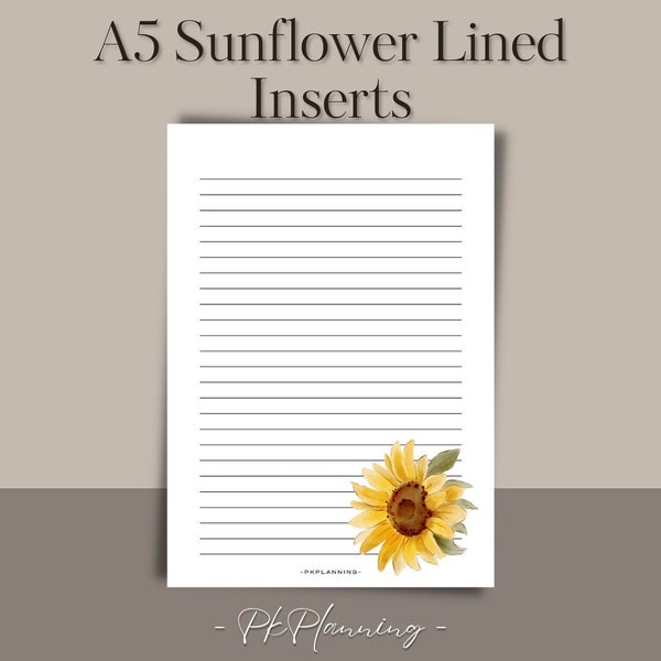 PRINTED A5 Sunflower Lined Inserts | Sunflower Note Insert | A5 Planner Inserts | Printed Inserts | Personal Lined Inserts | A5 Note Insert