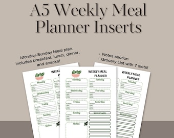 PRINTED A5 Weekly Meal Planner Inserts | A5 Planner Inserts | Printed Inserts | Meal Plan Inserts