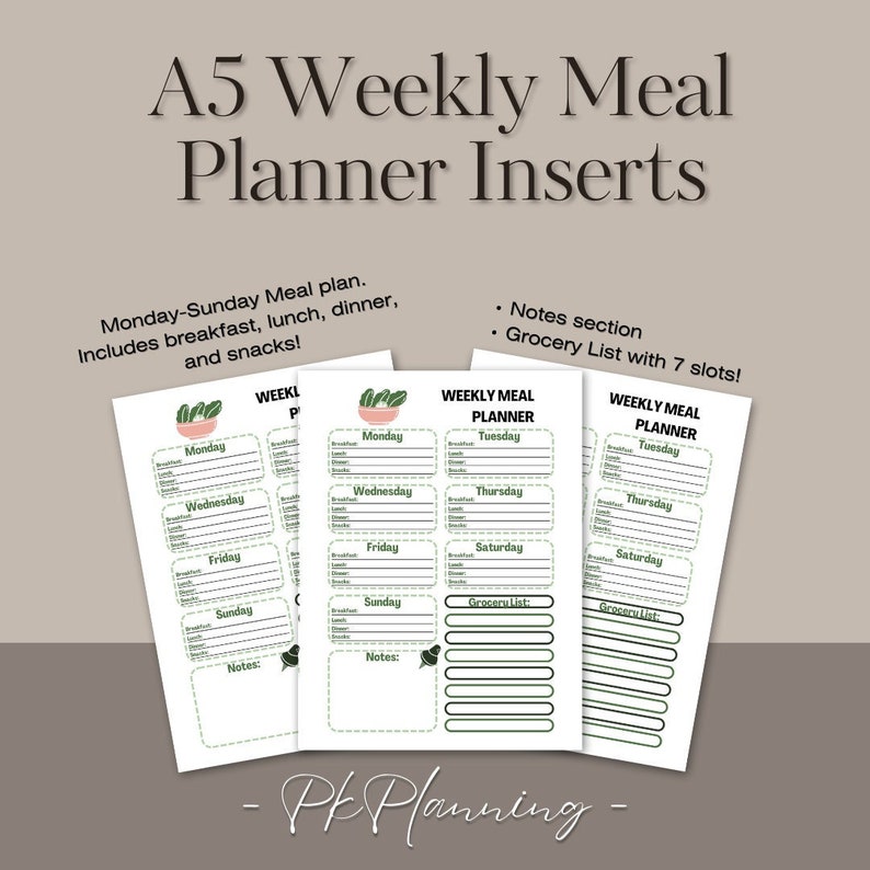 PRINTED A5 Weekly Meal Planner Inserts A5 Planner Inserts Etsy