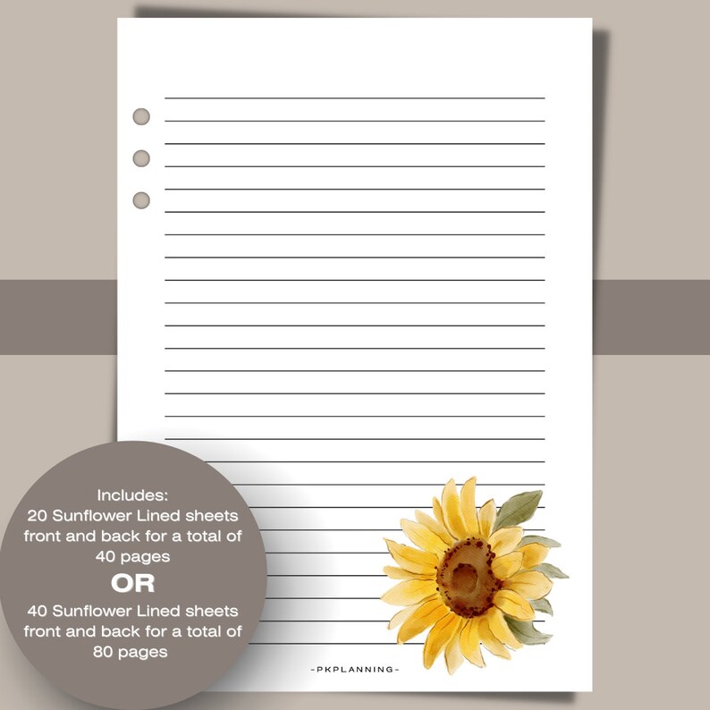 PRINTED A5 Sunflower Lined Inserts Sunflower Note Insert A5 Planner ...