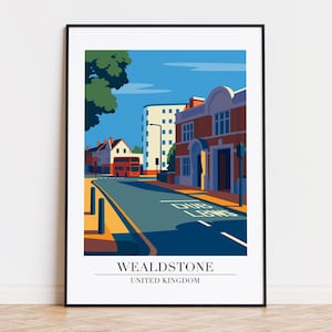 May include: A framed art print featuring a stylized illustration of Wealdstone, United Kingdom. The artwork depicts a street scene with buildings, a double-decker bus, and the text "Wealdstone" and "United Kingdom" at the bottom. The color palette includes blue, orange, and green.