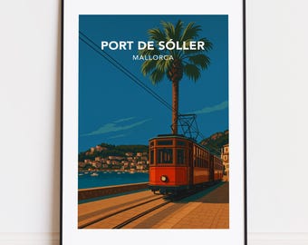 May include: Framed art print featuring a vintage-style illustration of Port de Sóller, Mallorca. A red tram is on tracks, with a palm tree and the sea in the background. The text "PORT DE SÓLLER MALLORCA" is at the top.