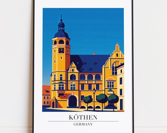 Könnte beinhalten: Ein gerahmter Kunstdruck mit einer stilisierten Illustration des Köthener Rathauses in Deutschland. Das Gebäude ist in Gelb- und Orangetönen gehalten, mit blauem Himmel. Der Text "KÖTHEN GERMANY" befindet sich unten.
