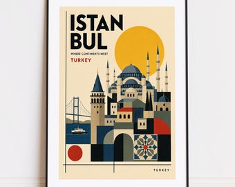 Könnte beinhalten: Gerahmter Kunstdruck mit einer stilisierten Illustration von Istanbul, Türkei. Das Kunstwerk enthält den Text "ISTANBUL" und "WHERE CONTINENTS MEET TURKEY". Das Bild zeigt Wahrzeichen, eine Brücke und eine große gelbe Sonne.
