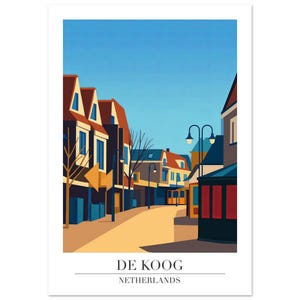 Könnte beinhalten: Ein Druck einer Straßenszene in De Koog, Niederlande, mit Gebäuden mit roten und braunen Dächern unter einem klaren blauen Himmel. Das Kunstwerk hat einen minimalistischen Stil mit einer warmen Farbpalette und enthält den Text "DE KOOG NETHERLANDS".