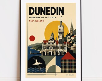 Könnte beinhalten: Gerahmtes Reiseplakat für Dunedin, Neuseeland, mit einer stilisierten Illustration einer Stadtlandschaft mit einem Uhrturm, einer aufgehenden Sonne und einer Möwe. Das Plakat trägt oben den Text "DUNEDIN".