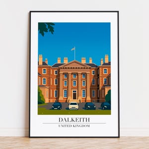 May include: A framed art print featuring a stylized illustration of Dalkeith Palace in the United Kingdom. The building is rendered in shades of orange and brown, with a blue sky backdrop. The print includes the text "DALKEITH UNITED KINGDOM".