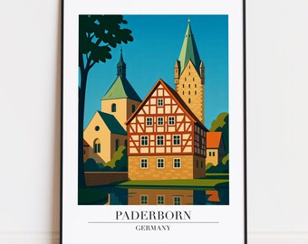 Könnte beinhalten: Ein gerahmter Kunstdruck mit einer stilisierten Illustration von Paderborn, Deutschland. Das Kunstwerk zeigt ein traditionelles Fachwerkhaus mit rotem Dach, eine Kirche und einen hohen Turm. Der Druck hat einen schwarzen Rahmen und den Text "PADERBORN GERMANY" am unteren Rand.