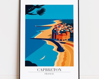 Könnte beinhalten: Ein gerahmter Kunstdruck mit einer stilisierten Küstenlandschaft. Das Kunstwerk zeigt einen Strand, das Meer und Gebäude in Blau-, Orange- und Rottönen. Der Text "CAPBRETON FRANCE" befindet sich am unteren Rand des Drucks.