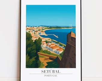 May include: A framed art print featuring a stylized illustration of Setúbal, Portugal. The artwork depicts a coastal town with red-roofed buildings, a harbor, and a bridge against a blue sky. The text "SETÚBAL PORTUGAL" is printed at the bottom.