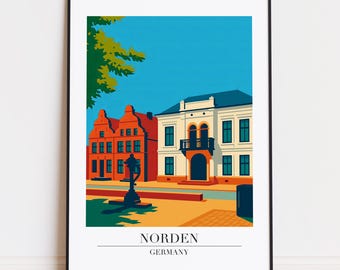 Könnte beinhalten: Ein gerahmter Kunstdruck mit einer stilisierten Illustration von Gebäuden in Norden, Deutschland. Das Kunstwerk zeigt ein rotes Gebäude, ein cremefarbenes Gebäude und einen blauen Himmel. Der Druck enthält den Text "NORDEN GERMANY".