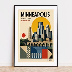 May include: Minneapolis city art print. The poster features a stylized cityscape with a yellow sun, a red circle, and a bridge over blue water. Text at the top reads "MINNEAPOLIS" and "CITY OF LAKES MINNESOTA". The bottom right corner has "USA".