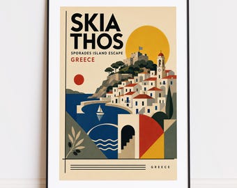 May include: A framed travel poster featuring a stylized illustration of Skiathos, Greece. The artwork displays white buildings with red roofs, a blue harbor with a sailboat, a yellow sun, and the text SKIA THOS SPORADES ISLAND ESCAPE GREECE.