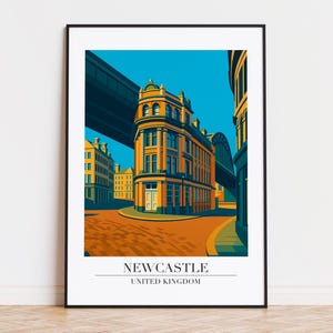 May include: A framed art print featuring a stylized illustration of a building in Newcastle, United Kingdom. The artwork uses a limited color palette of orange, teal, and blue. The text "NEWCASTLE UNITED KINGDOM" is at the bottom.