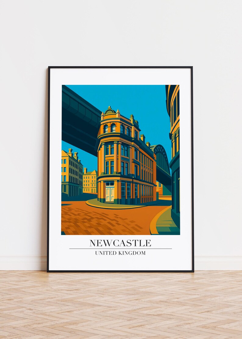 May include: A framed art print featuring a stylized illustration of a building in Newcastle, United Kingdom. The artwork uses a limited color palette of orange, teal, and blue. The text "NEWCASTLE UNITED KINGDOM" is at the bottom.