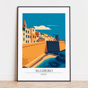 May include: A framed art print featuring a stylized illustration of Alghero, Italy. The artwork depicts a coastal scene with buildings, a fortress wall, and the text "ALGHERO ITALY" at the bottom. The color palette includes shades of orange, blue, and white.