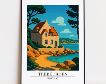 Könnte beinhalten: Gerahmter Kunstdruck mit einer Küstenlandschaft in Trébeurden, Bretagne. Das Kunstwerk zeigt ein beigefarbenes Steinhaus mit rotem Dach vor blauem Meer und Himmel. Der Druck enthält den Text "TRÉBEURDEN BRITTANY".